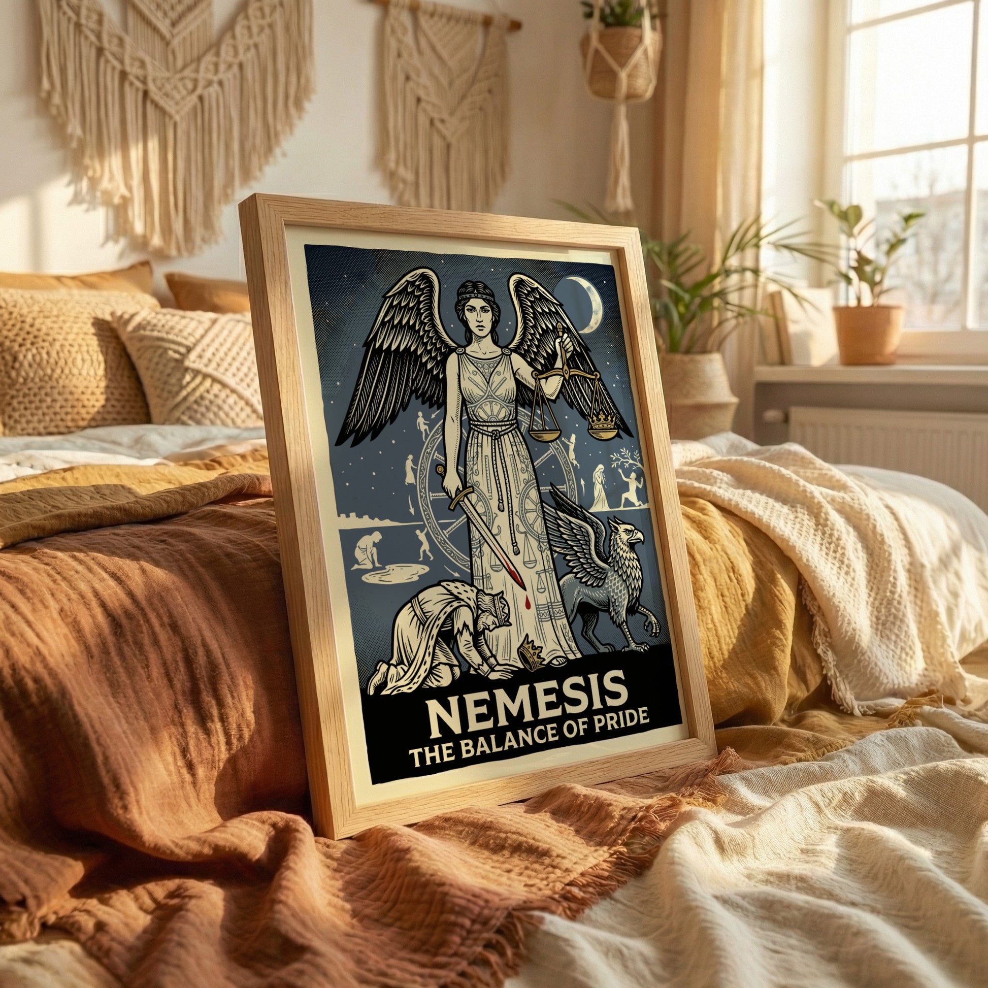 Nemesis Greek mythology poster featuring the goddess of retribution with scales and sword, vintage style.