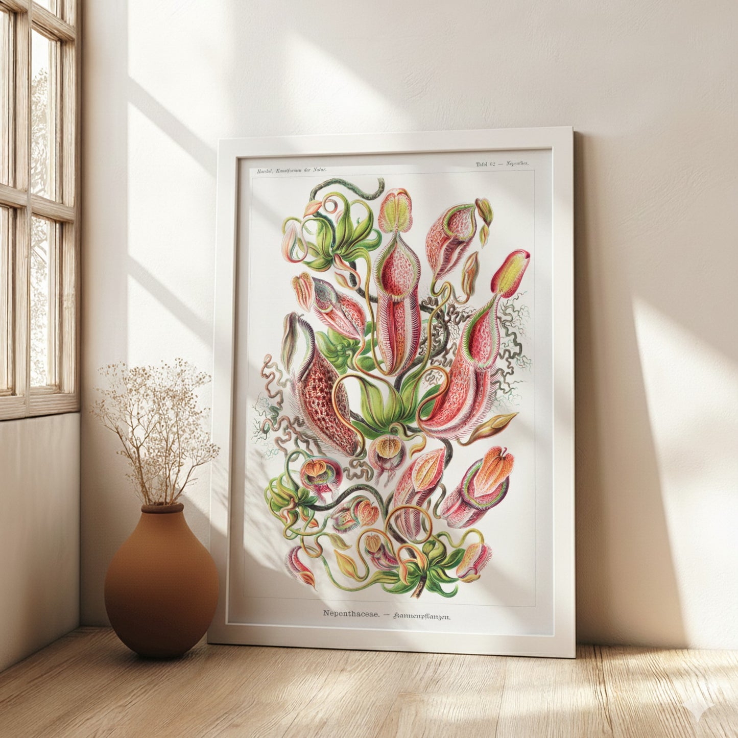 Art poster featuring Ernst Haeckel's detailed botanical illustration of Nepenthes pitcher plants in red,