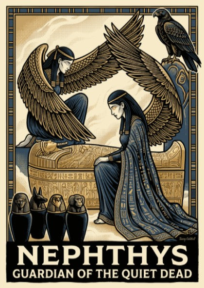 Poster featuring the Egyptian deity Nephthys with golden wings over a sarcophagus in navy.
