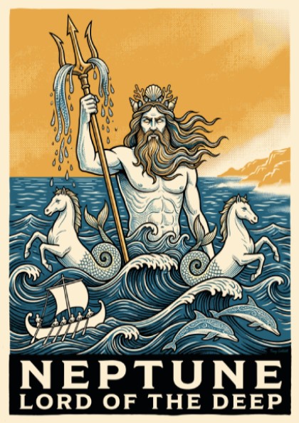 Poster of Neptune holding a trident with sea horses and dolphins in blue waves
