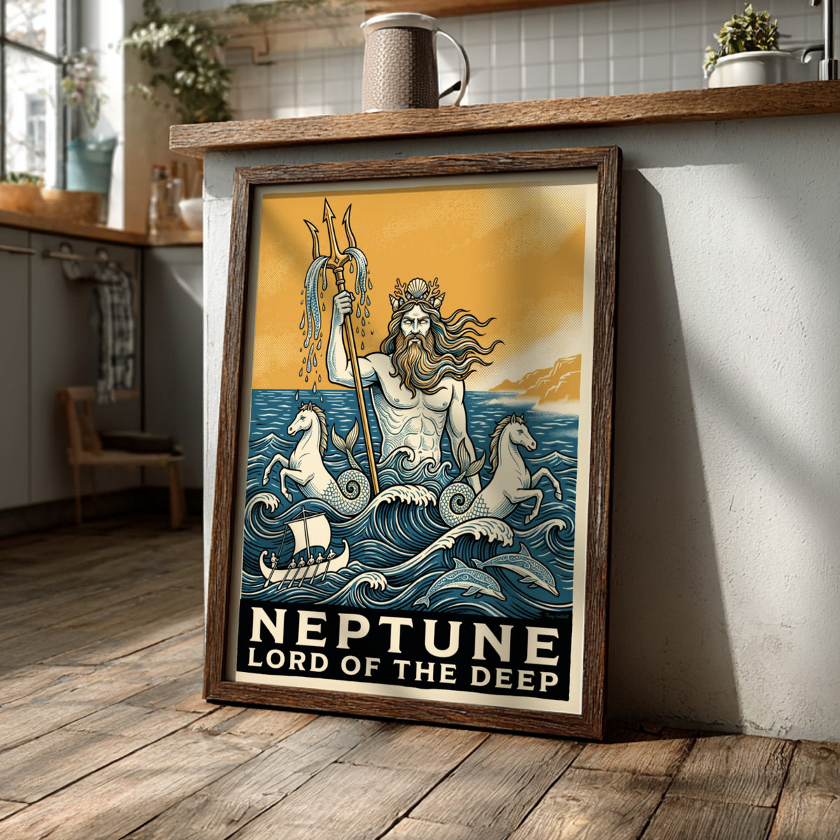 Poster of Neptune holding a trident with sea horses and dolphins in blue waves