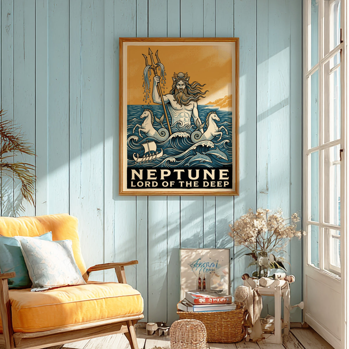 Poster of Neptune holding a trident with sea horses and dolphins in blue waves