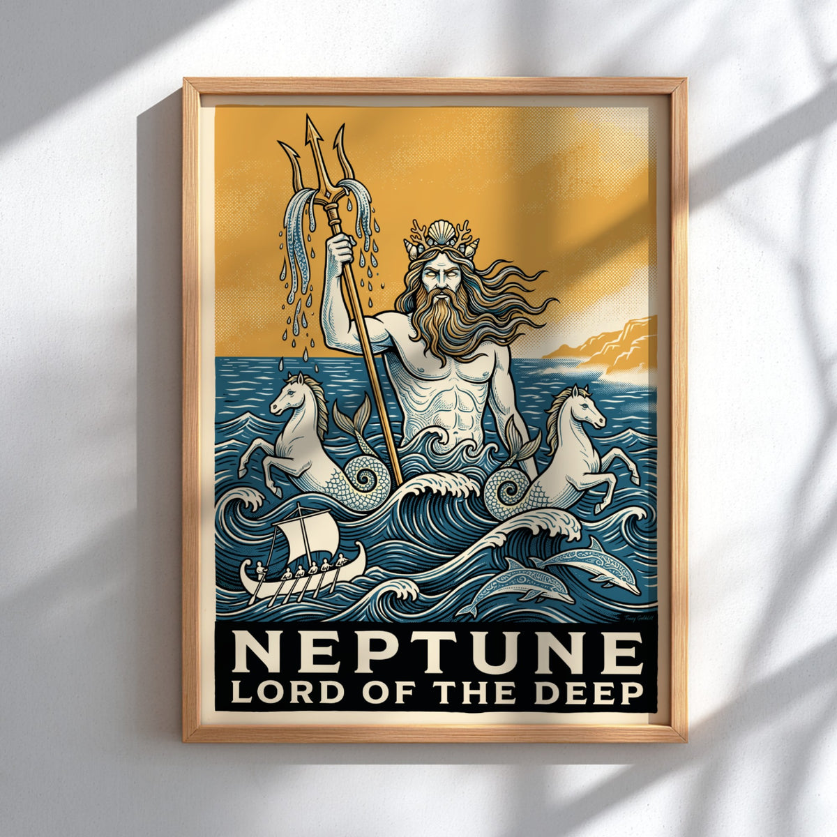 Poster of Neptune holding a trident with sea horses and dolphins in blue waves