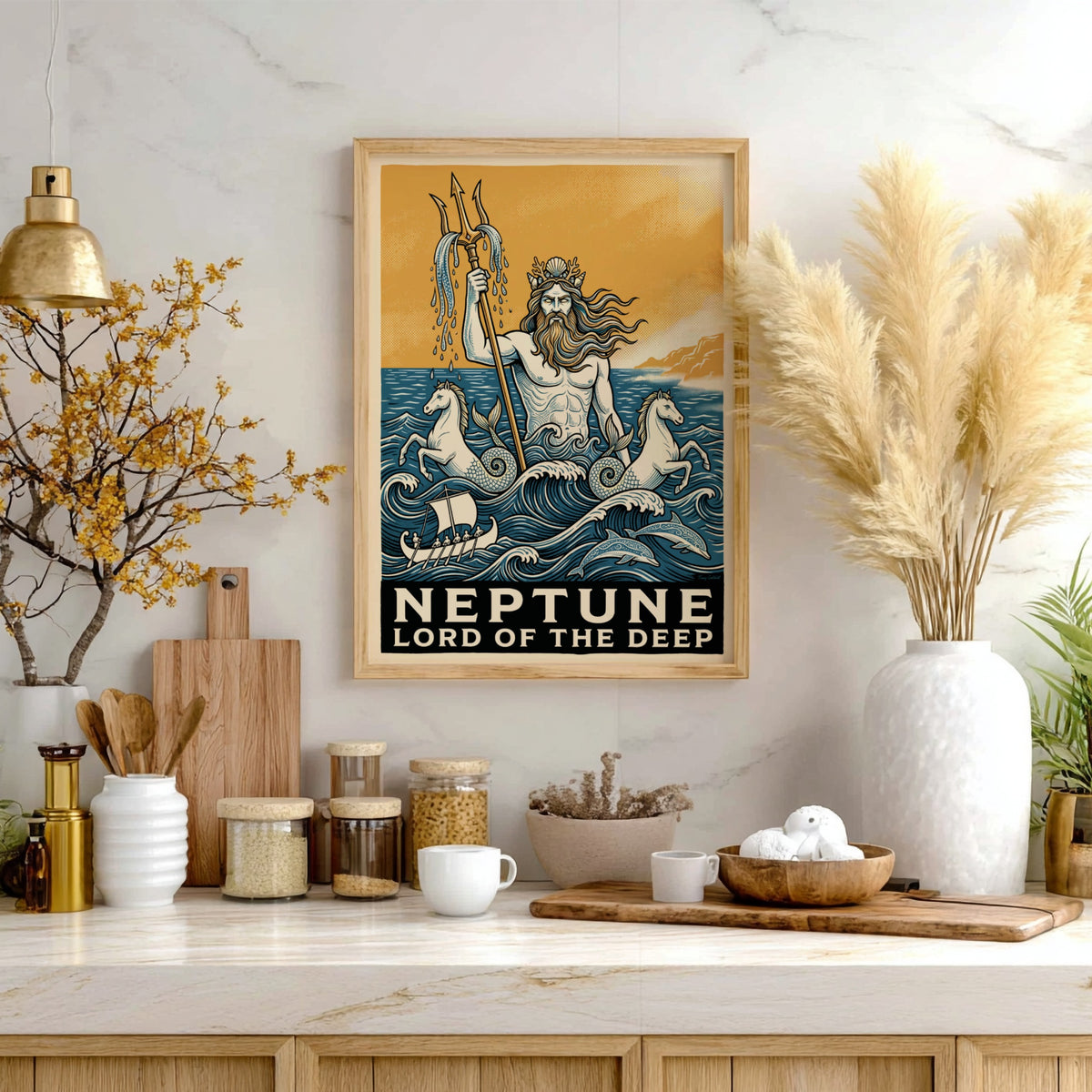 Poster of Neptune holding a trident with sea horses and dolphins in blue waves
