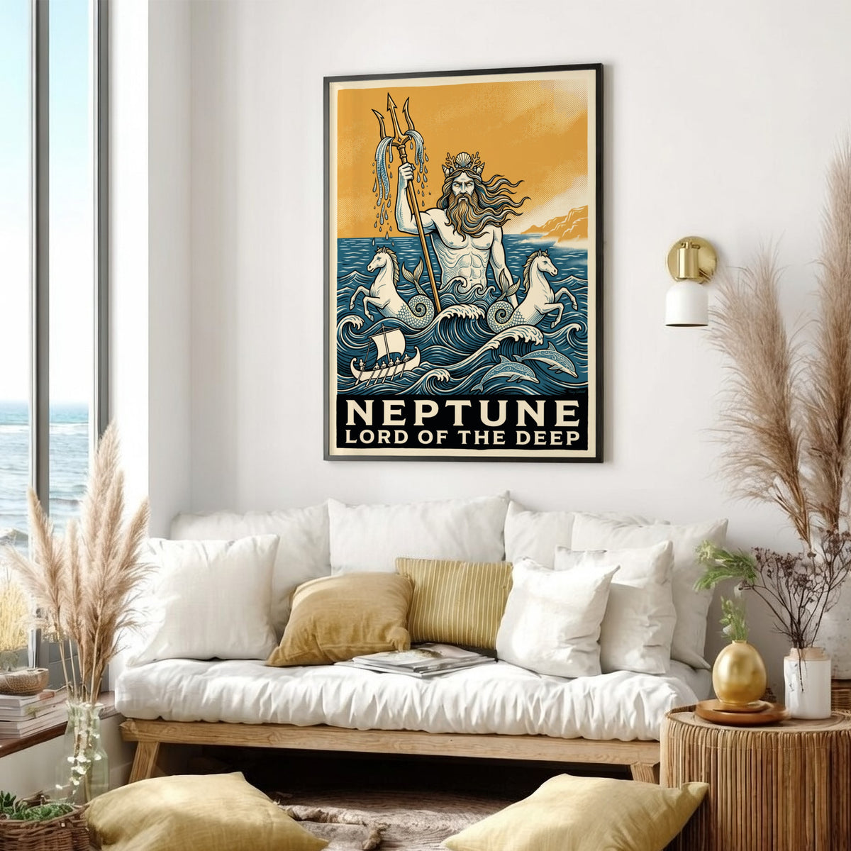 Poster of Neptune holding a trident with sea horses and dolphins in blue waves