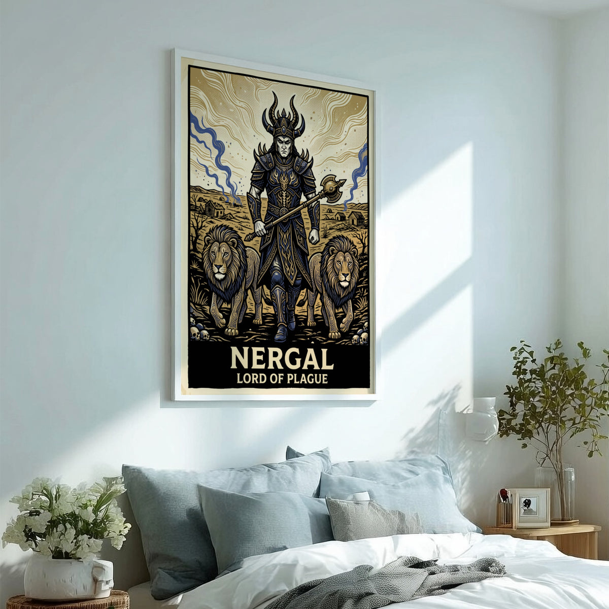 Poster of Nergal the Lord of Plague wearing dark armor with two lions