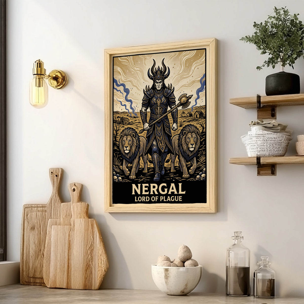 Poster of Nergal the Lord of Plague wearing dark armor with two lions