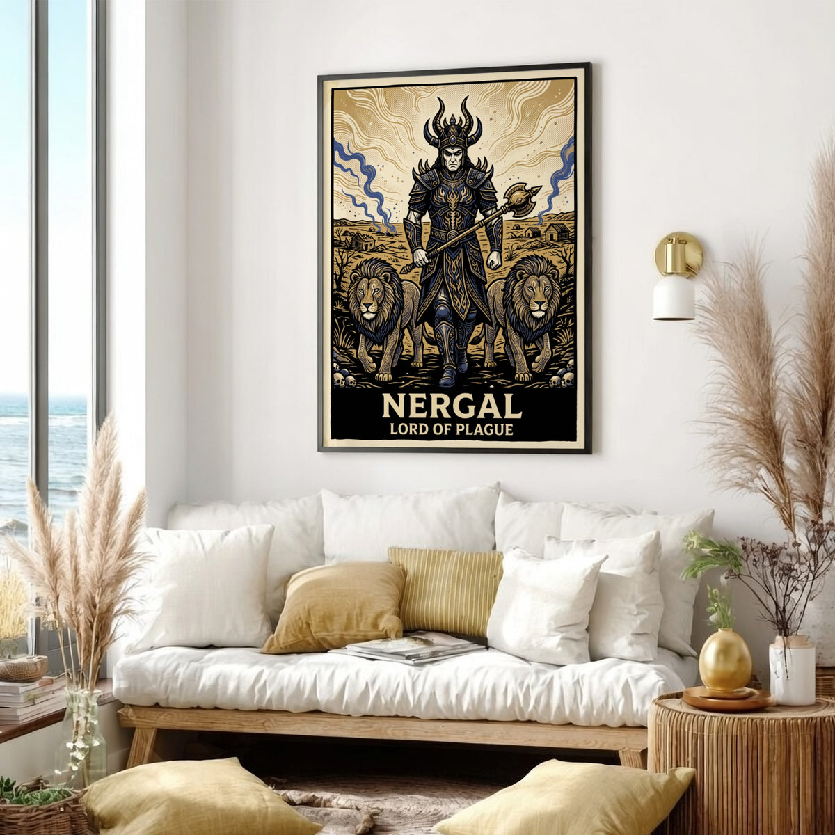 Poster of Nergal the Lord of Plague wearing dark armor with two lions