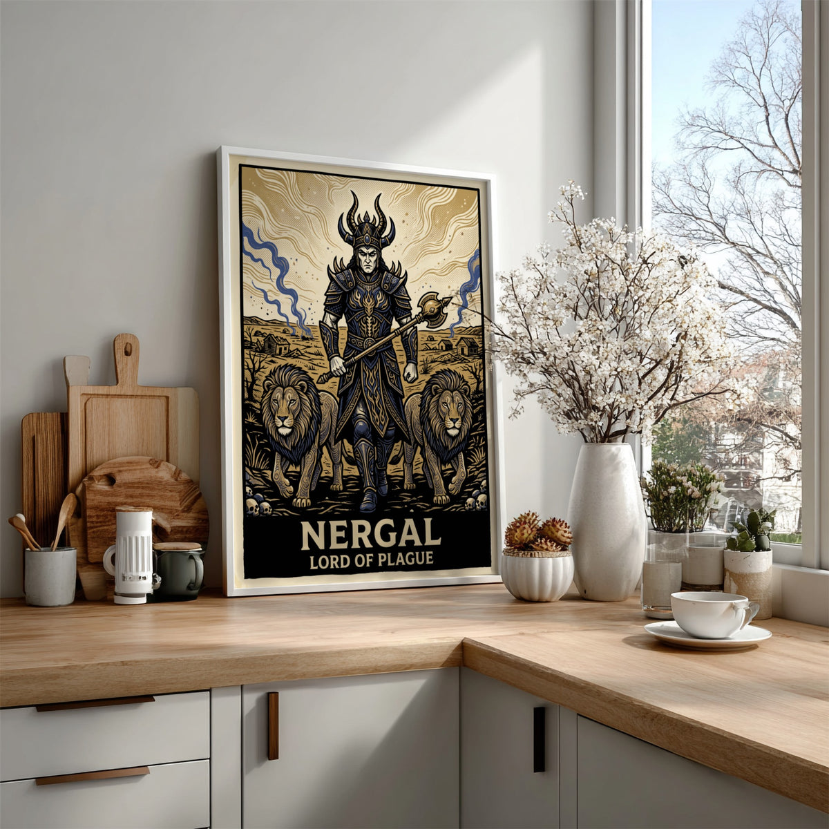 Poster of Nergal the Lord of Plague wearing dark armor with two lions