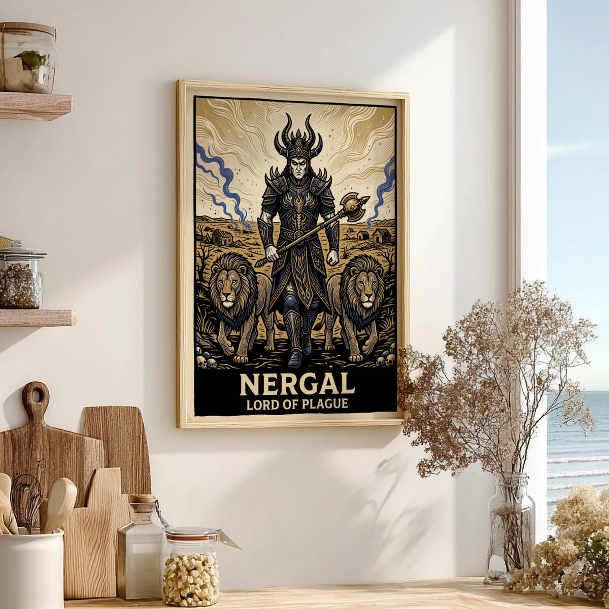 Poster of Nergal the Lord of Plague wearing dark armor with two lions
