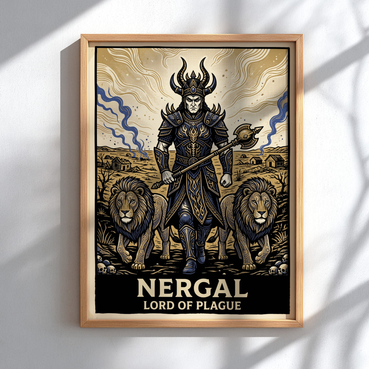 Poster of Nergal the Lord of Plague wearing dark armor with two lions