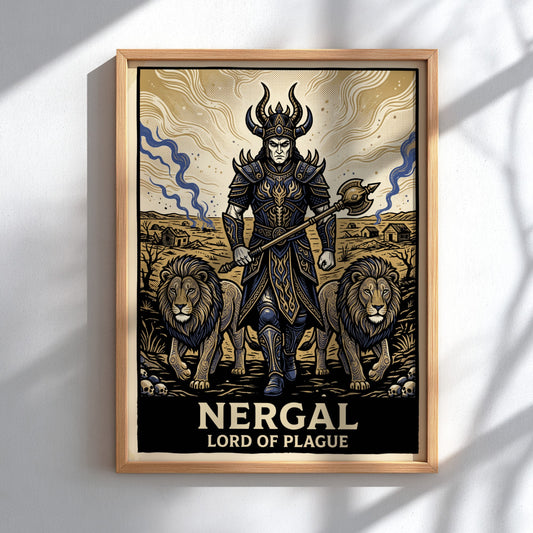 Poster of Nergal the Lord of Plague wearing dark armor with two lions