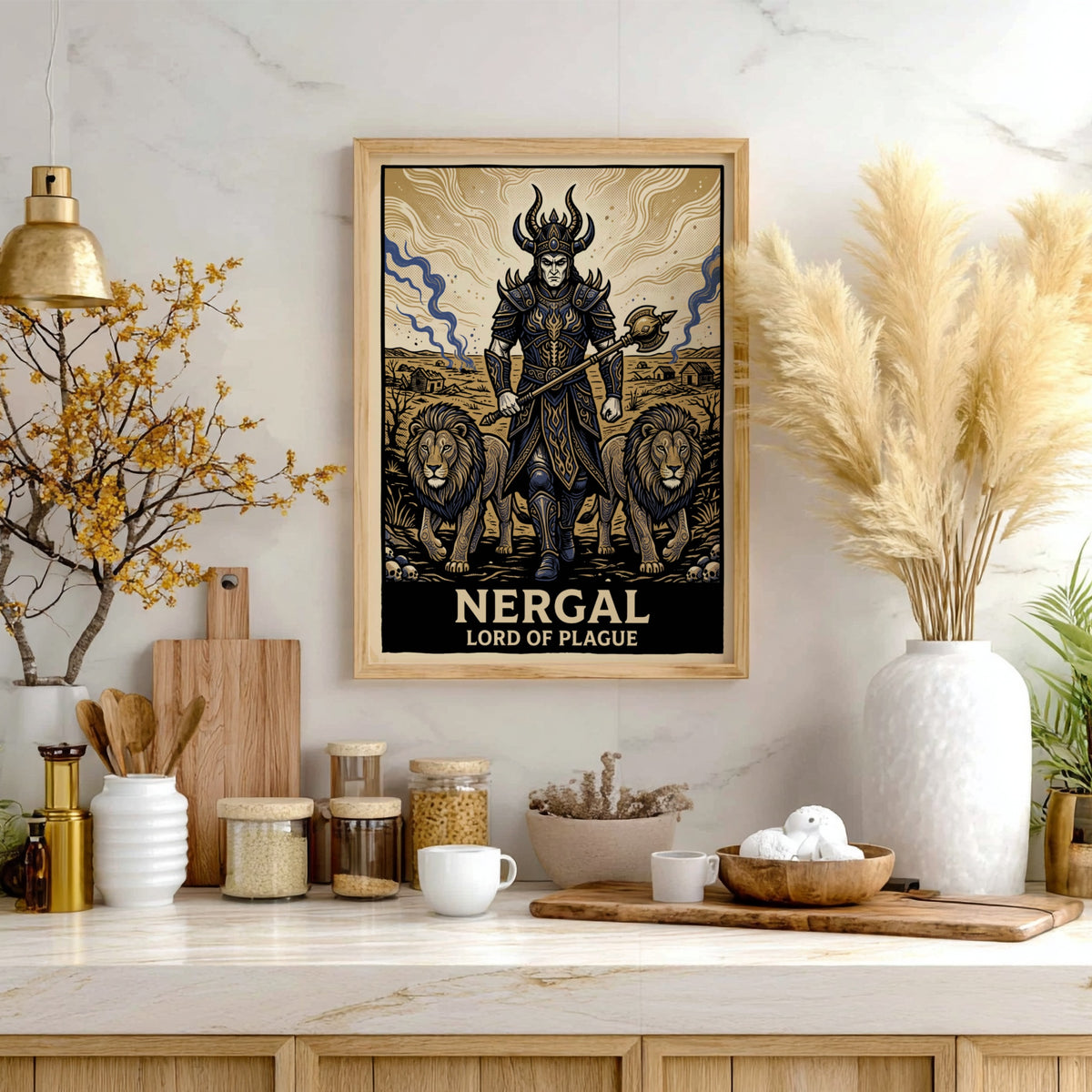 Poster of Nergal the Lord of Plague wearing dark armor with two lions