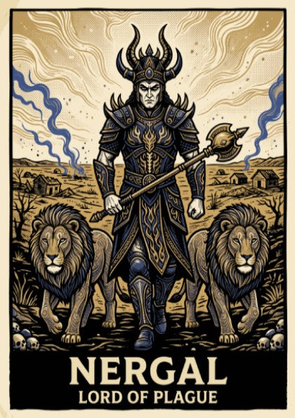 Poster of Nergal the Lord of Plague wearing dark armor with two lions