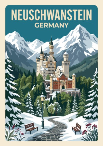 Travel poster showing Neuschwanstein Castle in Germany surrounded by snow covered mountain peaks