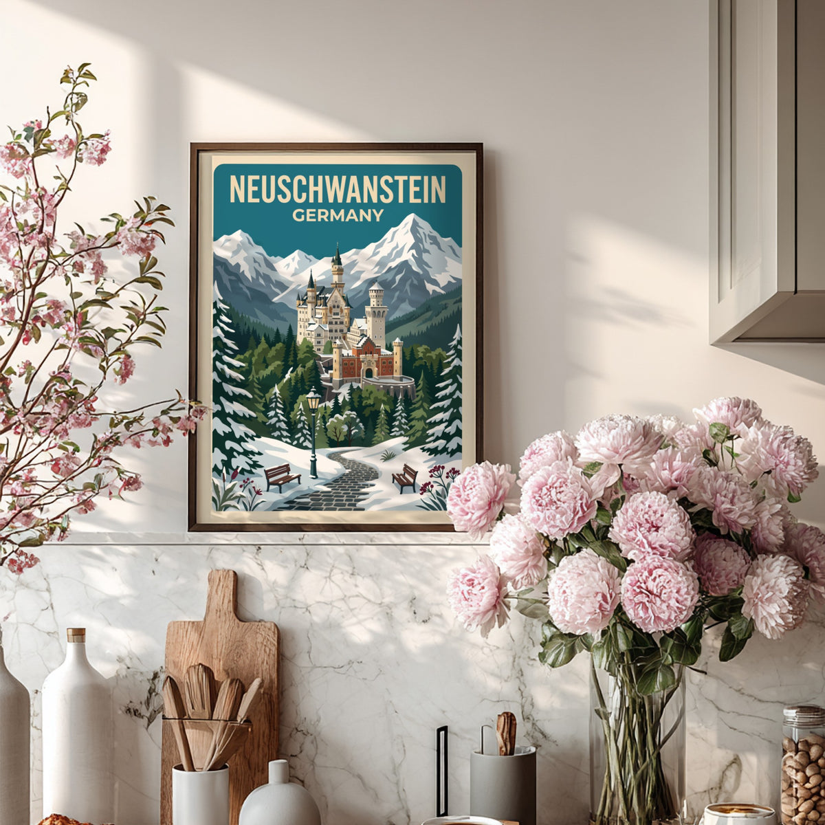 Travel poster showing Neuschwanstein Castle in Germany surrounded by snow covered mountain peaks