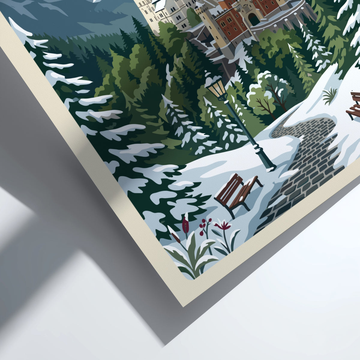 Travel poster showing Neuschwanstein Castle in Germany surrounded by snow covered mountain peaks