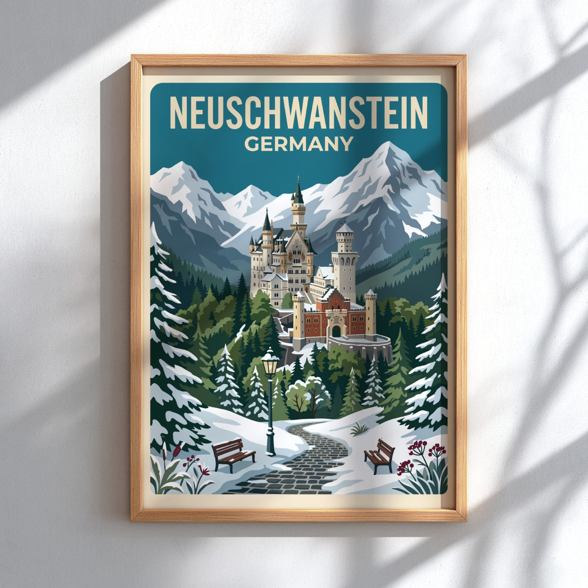 Travel poster showing Neuschwanstein Castle in Germany surrounded by snow covered mountain peaks
