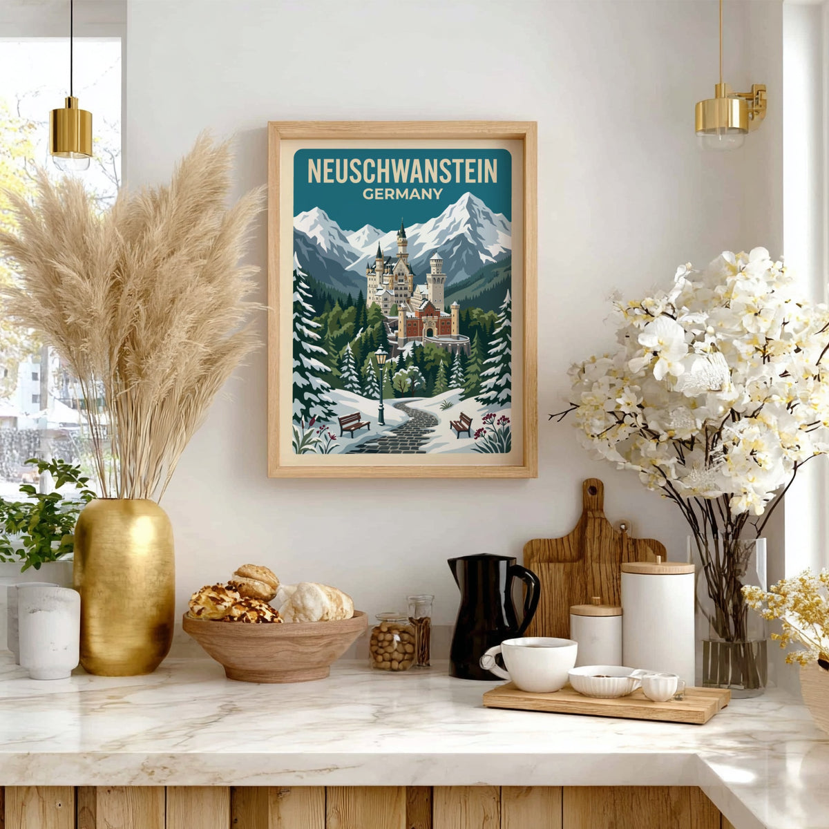 Travel poster showing Neuschwanstein Castle in Germany surrounded by snow covered mountain peaks