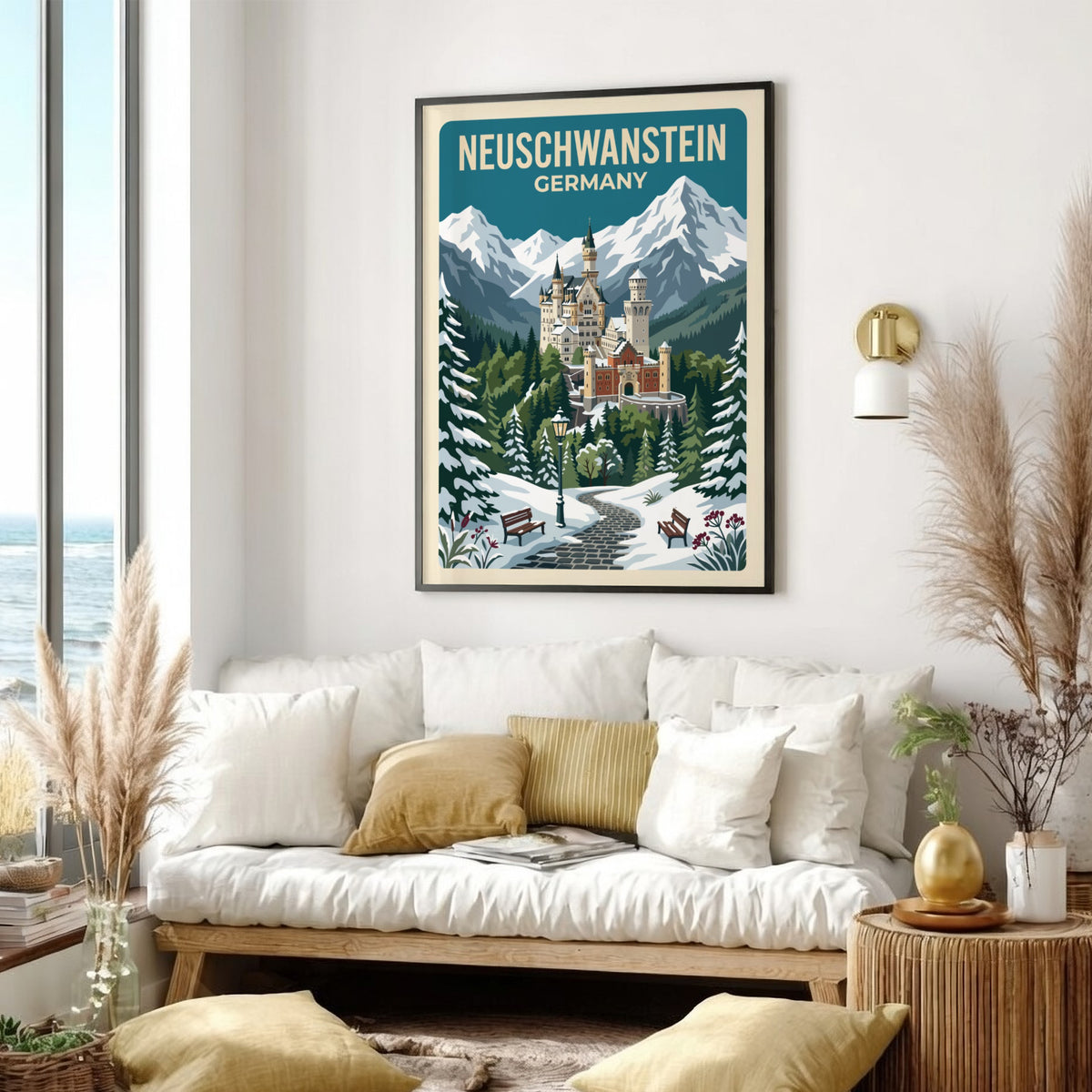 Travel poster showing Neuschwanstein Castle in Germany surrounded by snow covered mountain peaks