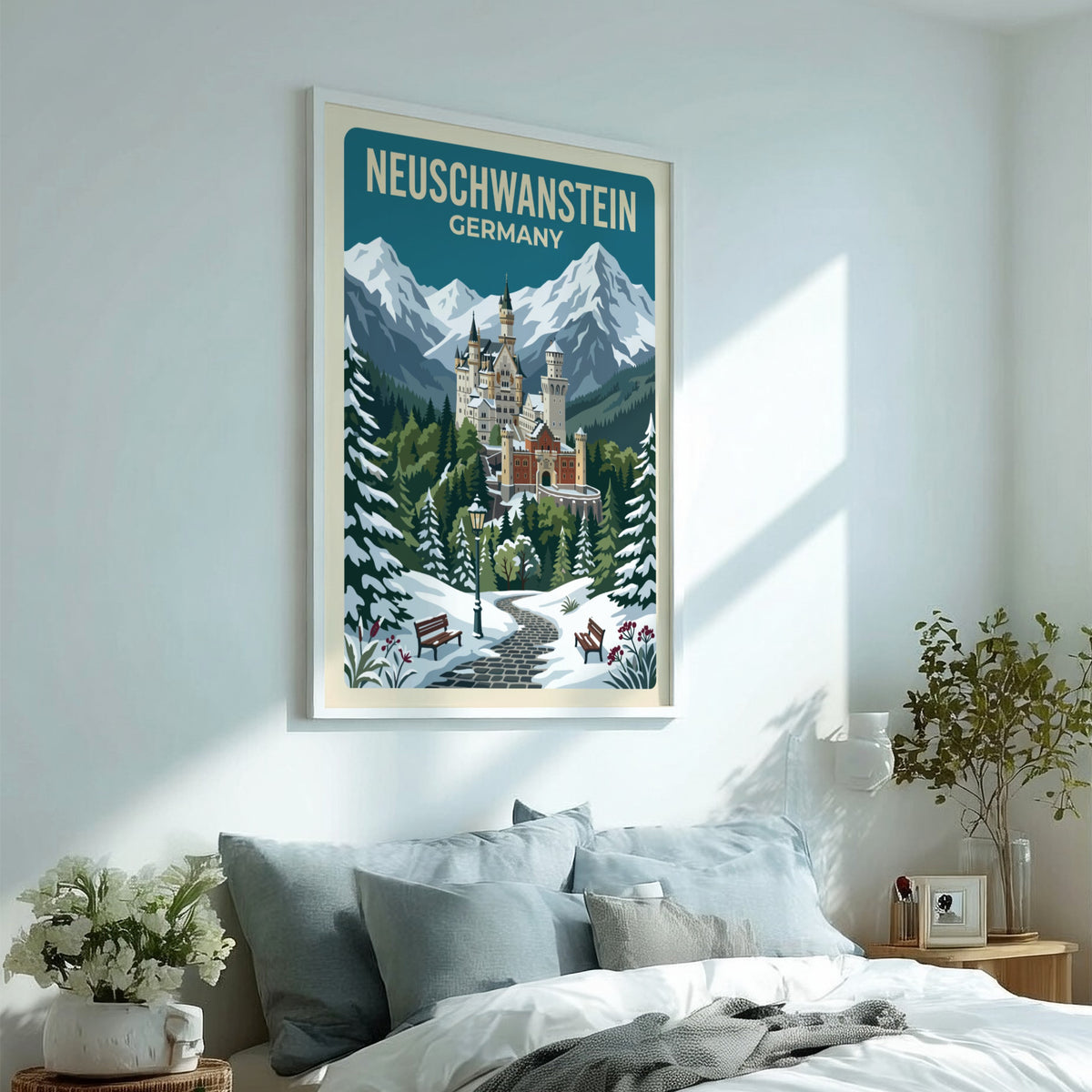 Travel poster showing Neuschwanstein Castle in Germany surrounded by snow covered mountain peaks