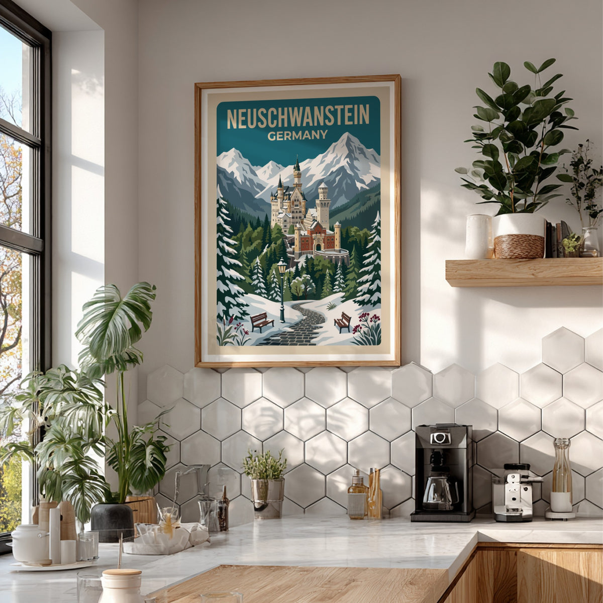 Travel poster showing Neuschwanstein Castle in Germany surrounded by snow covered mountain peaks
