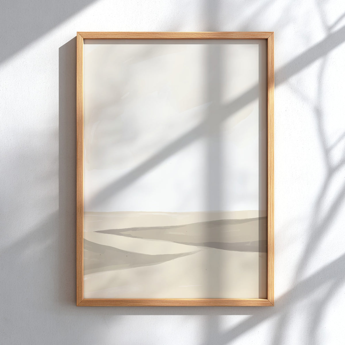 Minimalist desert landscape painting with soft watercolour sand dunes in muted cream and beige.