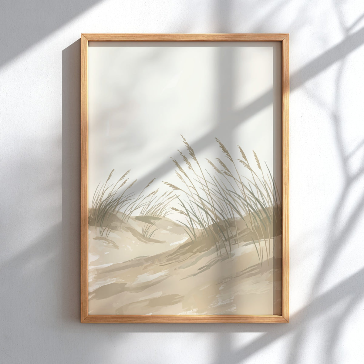 Coastal dune grasses swaying on a sandy beach in a soft minimalist watercolour style
