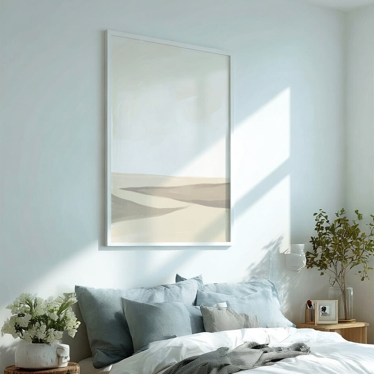 Minimalist desert landscape painting with soft watercolour sand dunes in muted cream and beige.