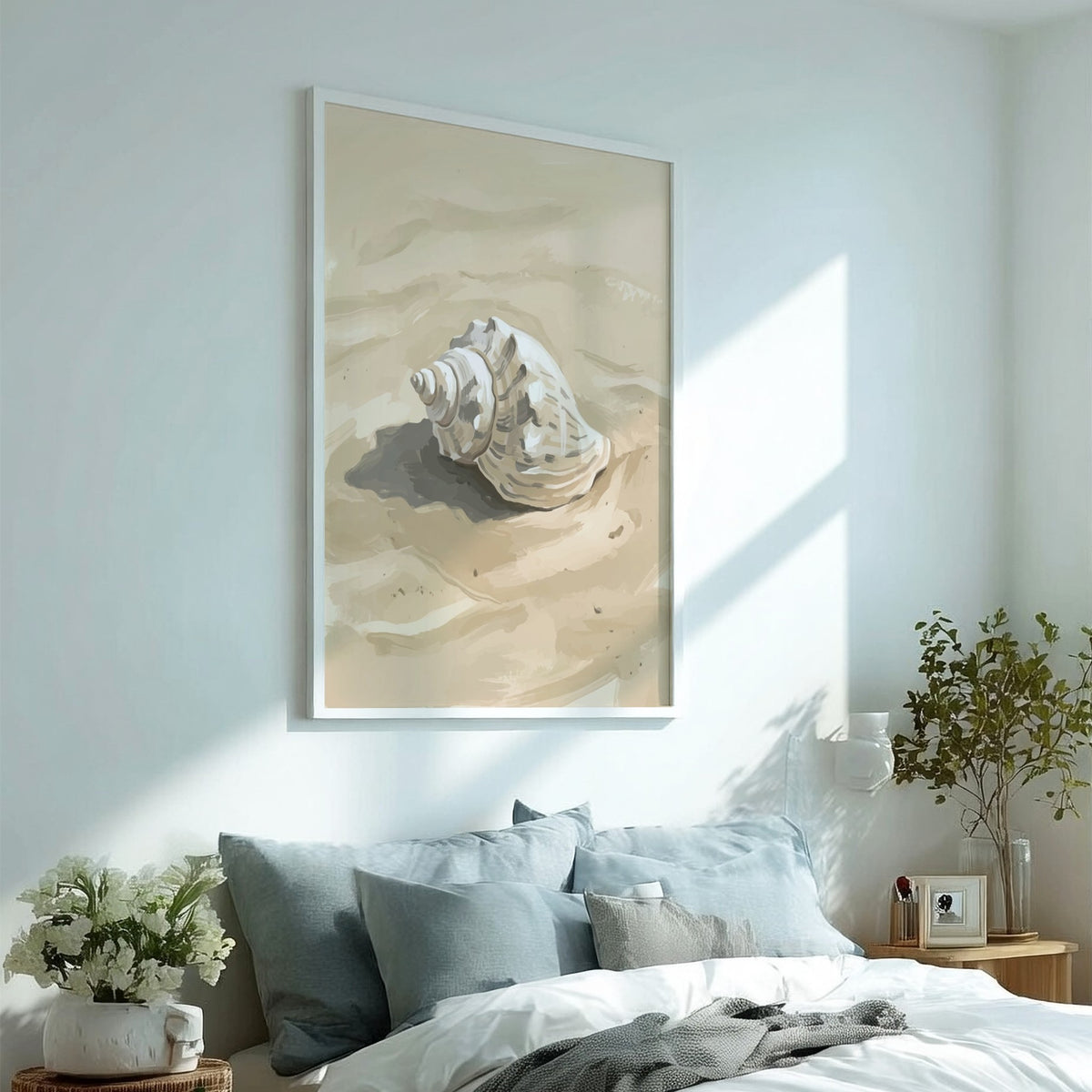 Seashell on sandy beach illustration featuring warm beige tones and minimalist coastal artistic style