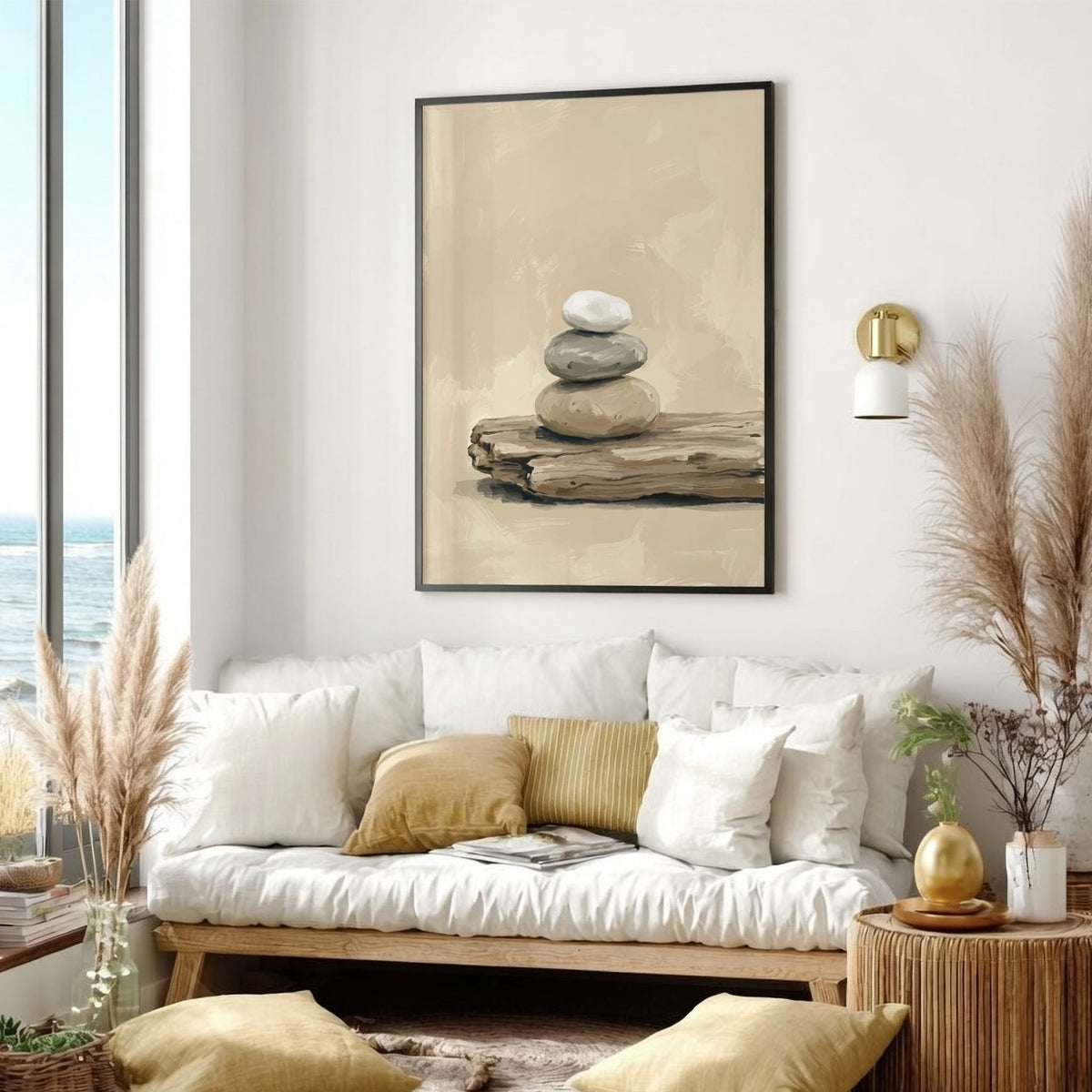 Stacked beach stones on weathered driftwood in soft neutral tones and painterly coastal style