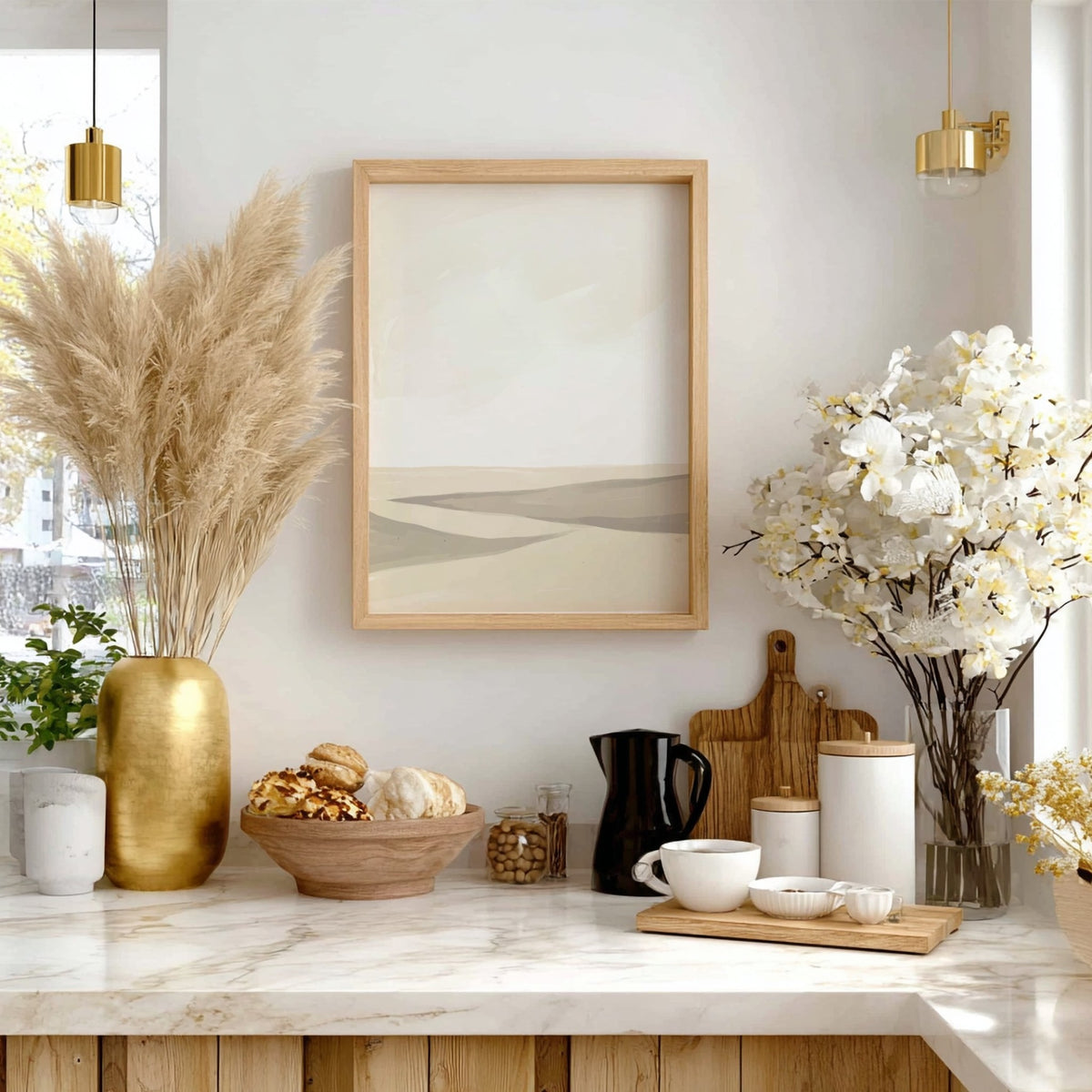 Minimalist desert landscape painting with soft watercolour sand dunes in muted cream and beige.