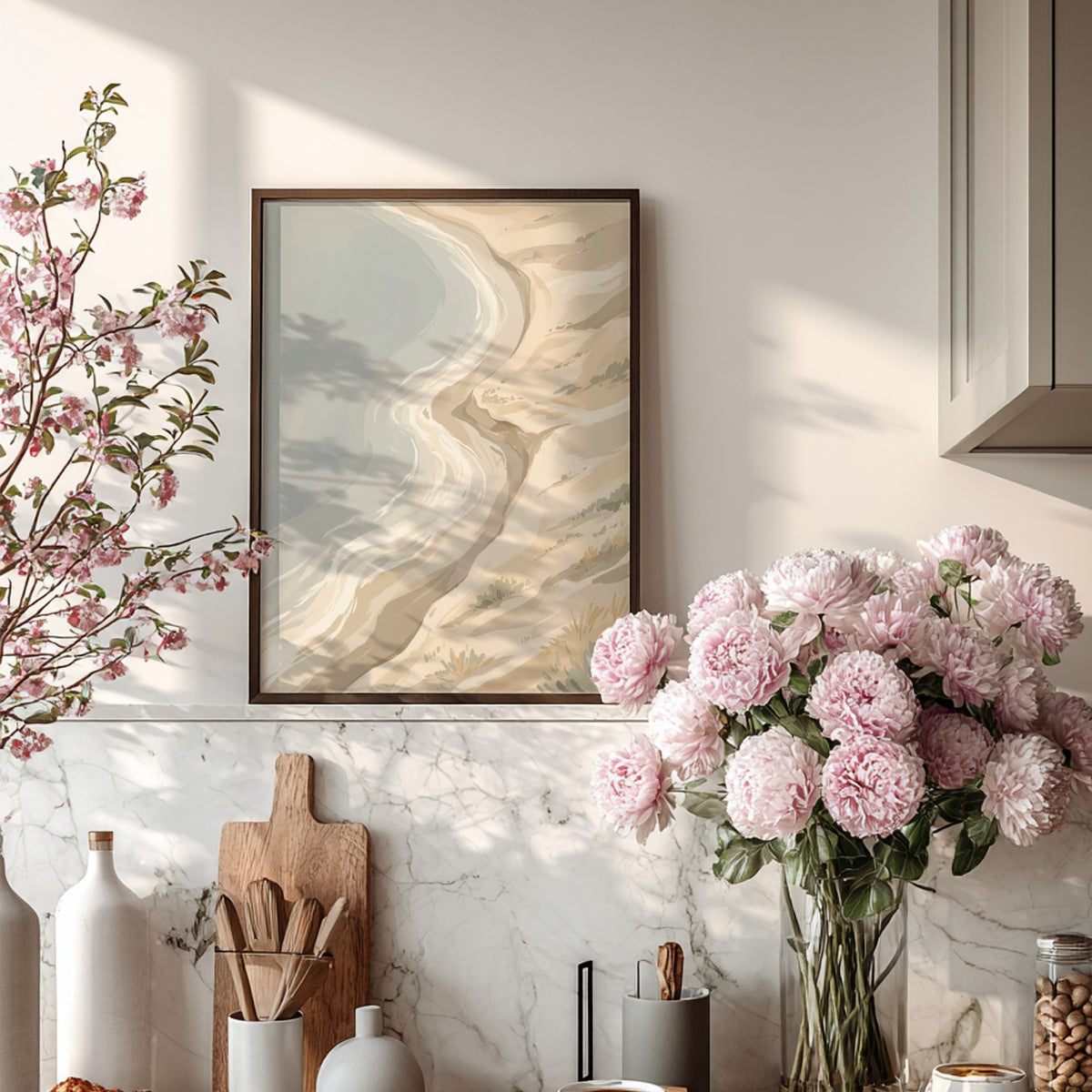 Coastal sand dunes landscape illustration featuring soft golden beige tones and a grey sea