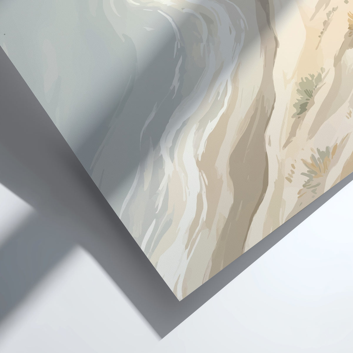 Coastal sand dunes landscape illustration featuring soft golden beige tones and a grey sea