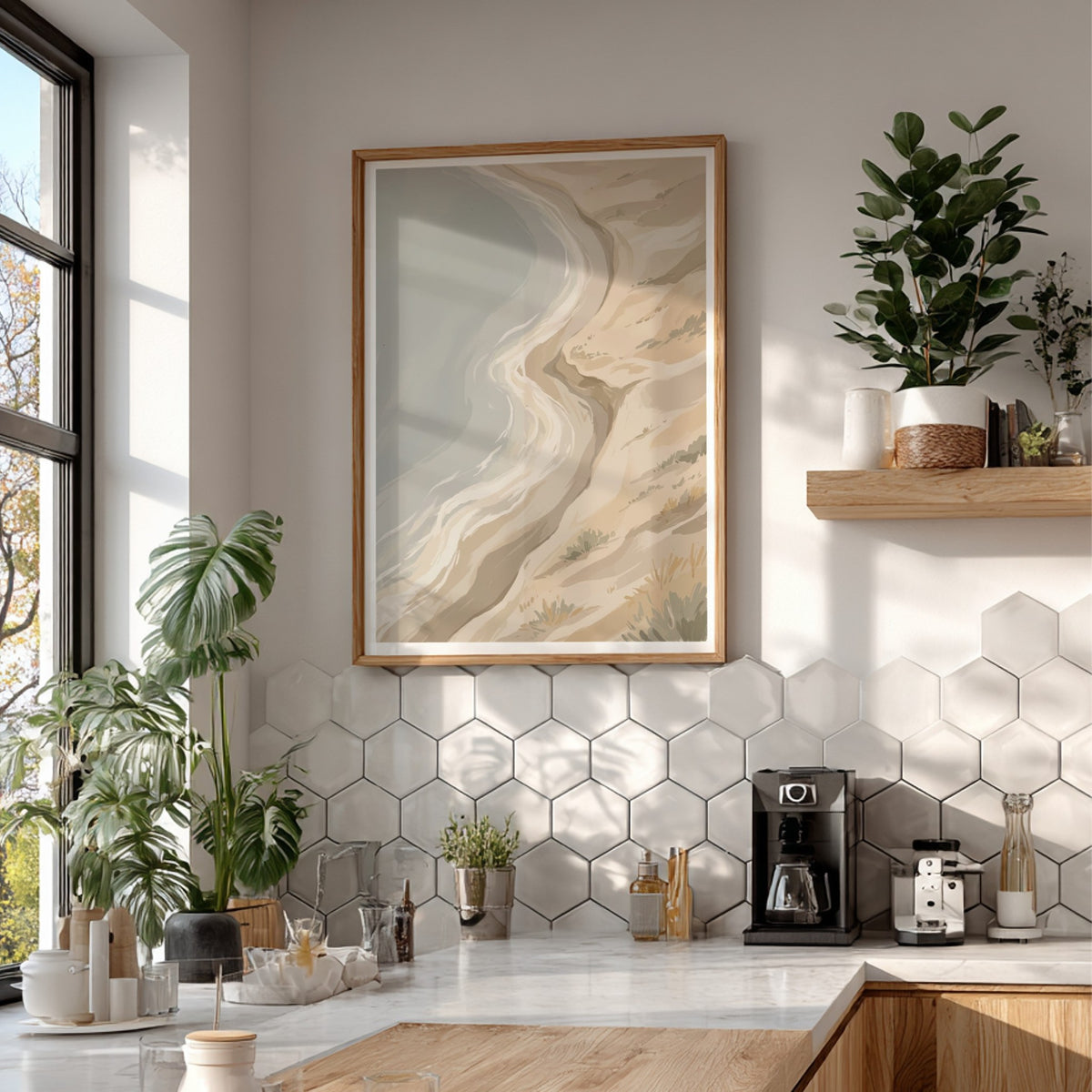 Coastal sand dunes landscape illustration featuring soft golden beige tones and a grey sea