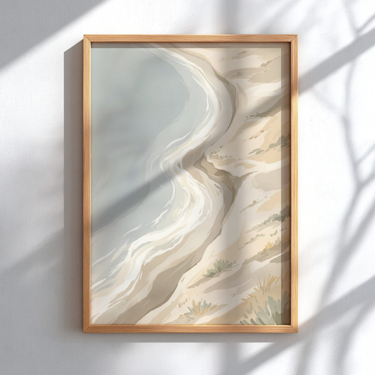 Coastal sand dunes landscape illustration featuring soft golden beige tones and a grey sea