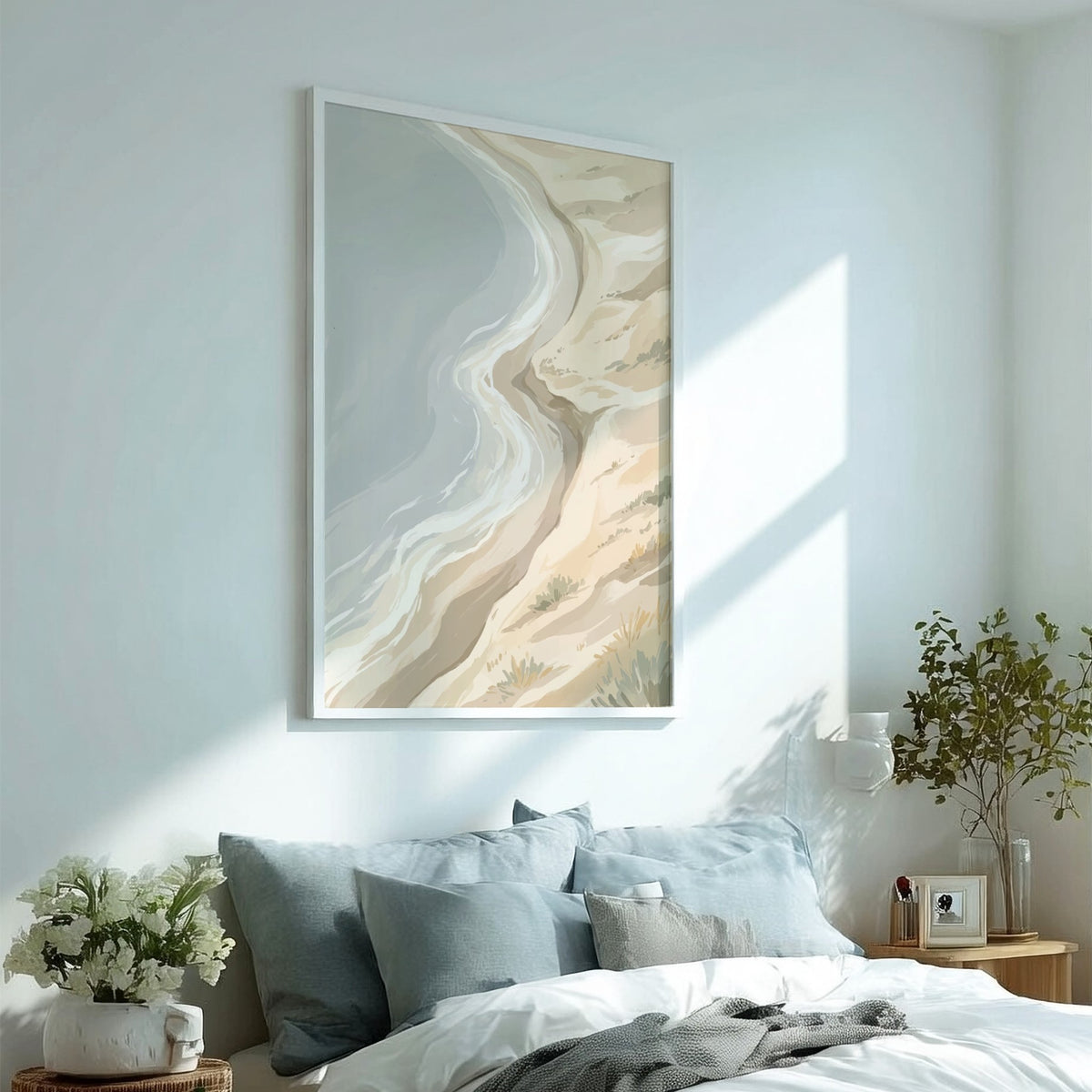 Coastal sand dunes landscape illustration featuring soft golden beige tones and a grey sea