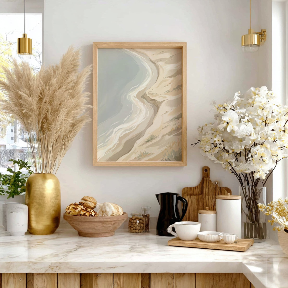 Coastal sand dunes landscape illustration featuring soft golden beige tones and a grey sea