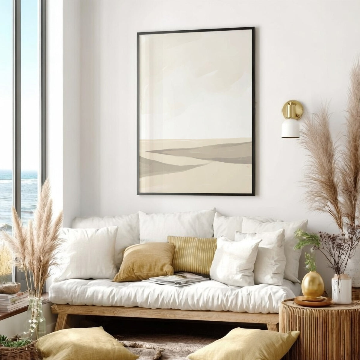 Minimalist desert landscape painting with soft watercolour sand dunes in muted cream and beige.