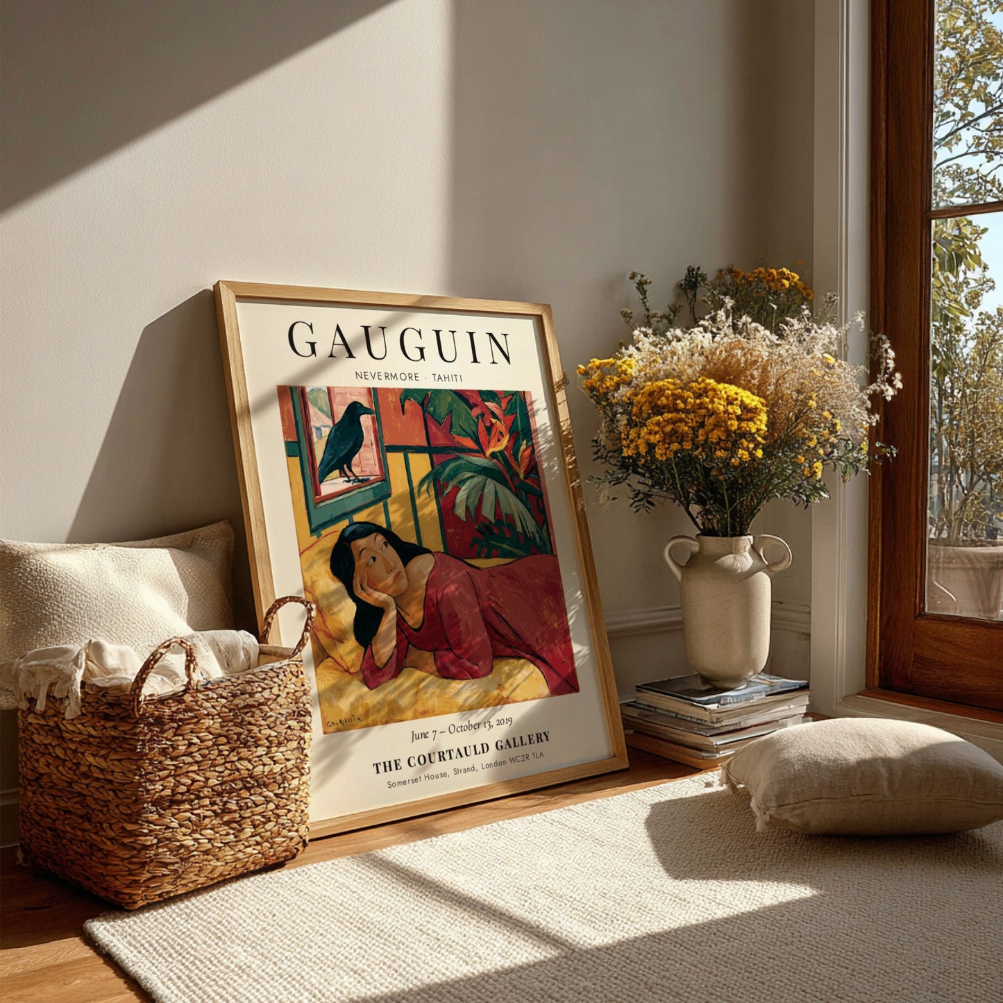 Gauguin Exhibition Poster featuring Nevermore Tahiti with vibrant colors and tropical elements
