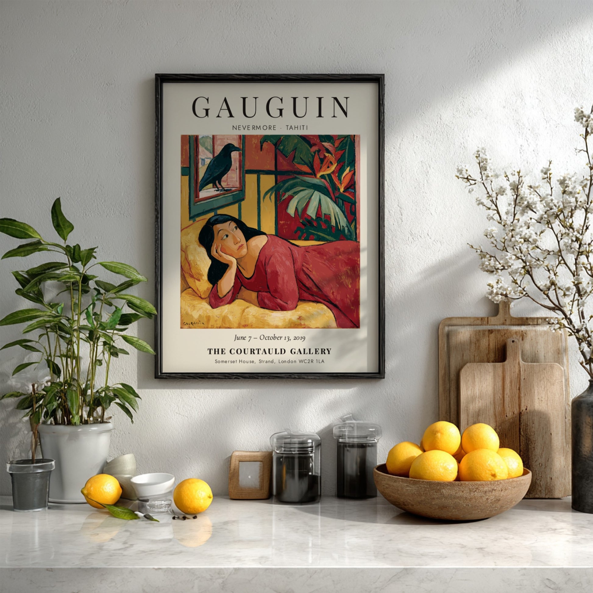 Gauguin Exhibition Poster featuring Nevermore Tahiti with vibrant colors and tropical elements