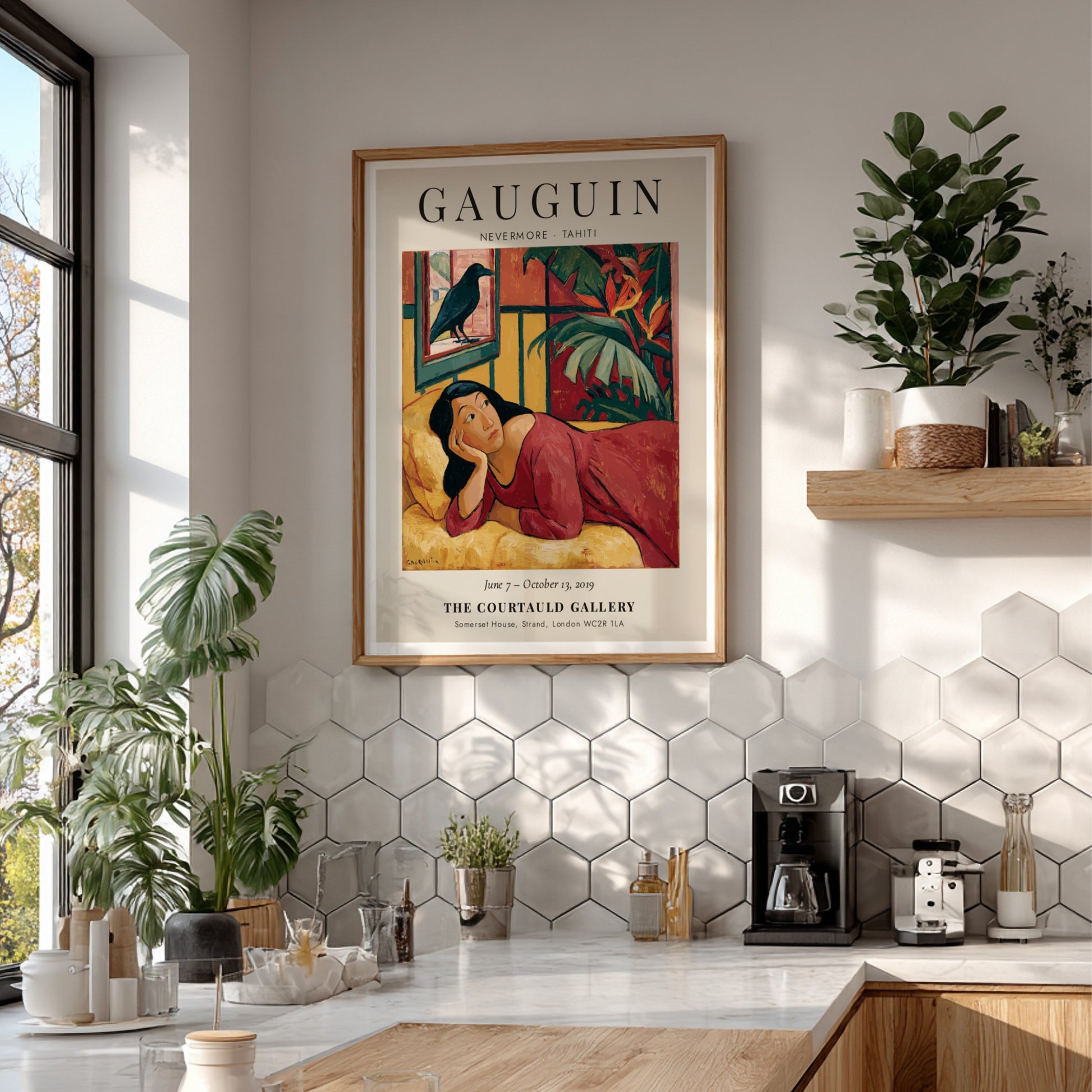Gauguin Exhibition Poster featuring Nevermore Tahiti with vibrant colors and tropical elements