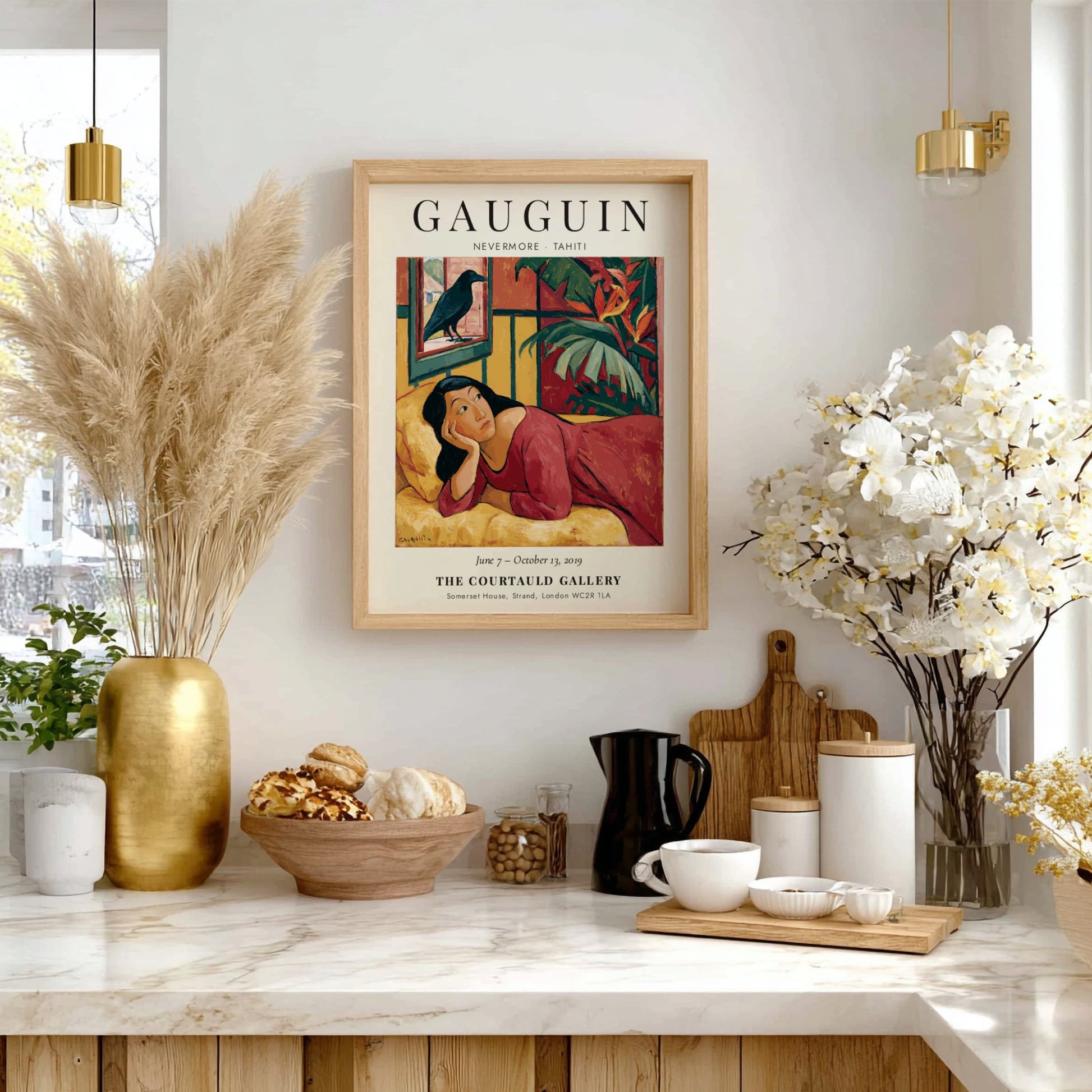 Gauguin Exhibition Poster featuring Nevermore Tahiti with vibrant colors and tropical elements
