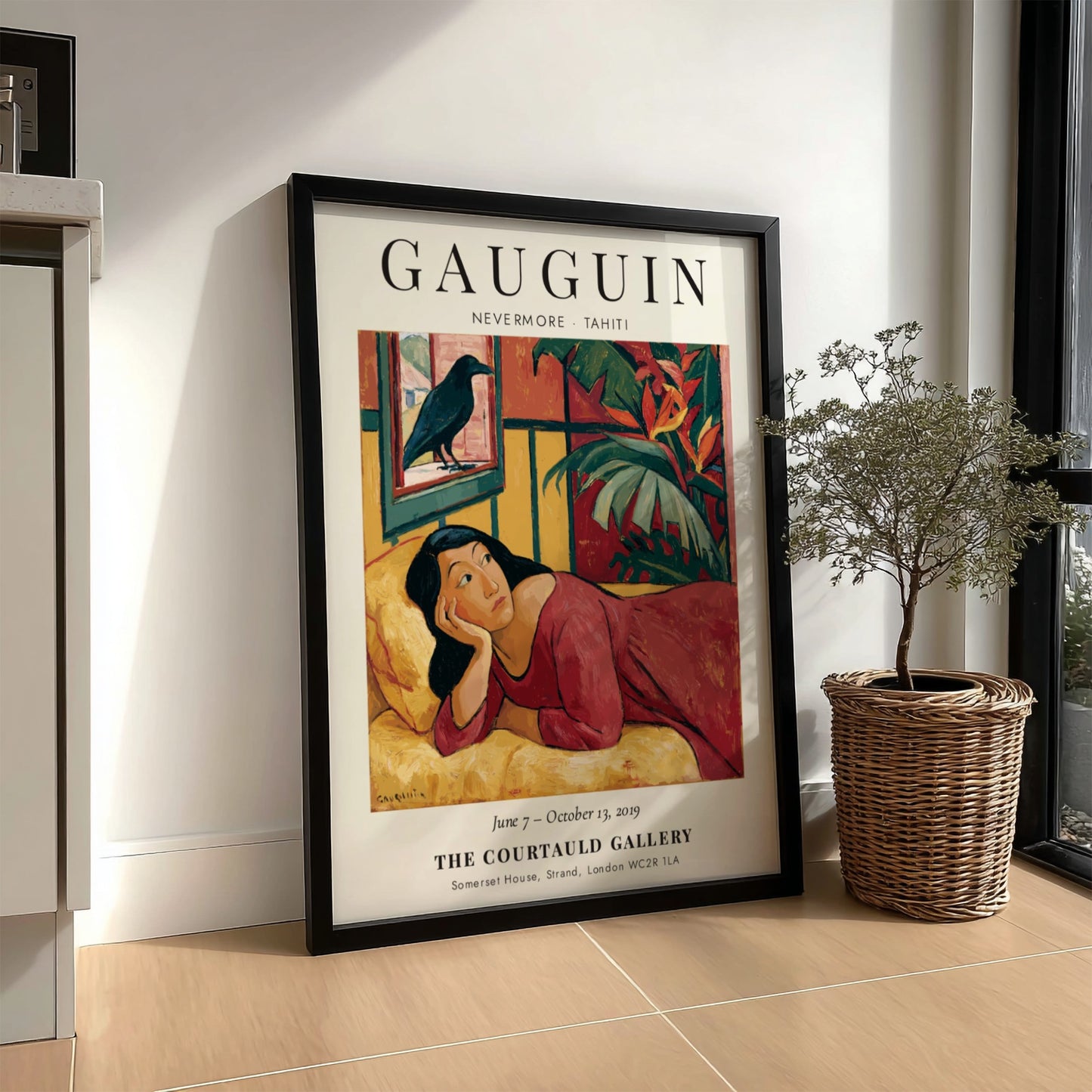 Gauguin Exhibition Poster featuring Nevermore Tahiti with vibrant colors and tropical elements