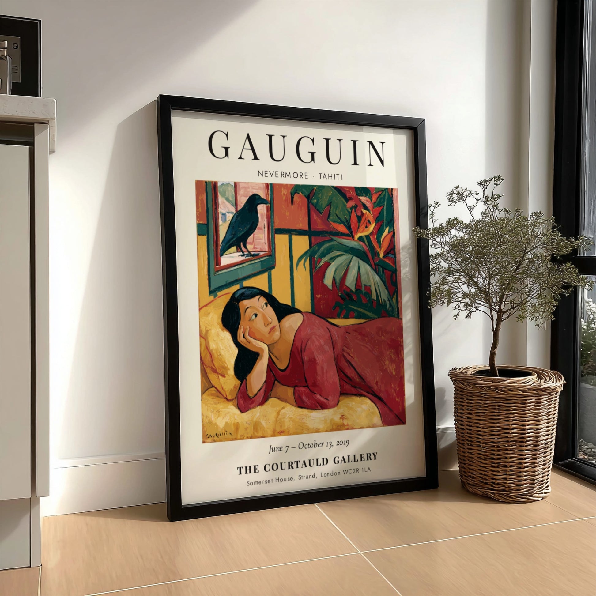 Gauguin Exhibition Poster featuring Nevermore Tahiti with vibrant colors and tropical elements