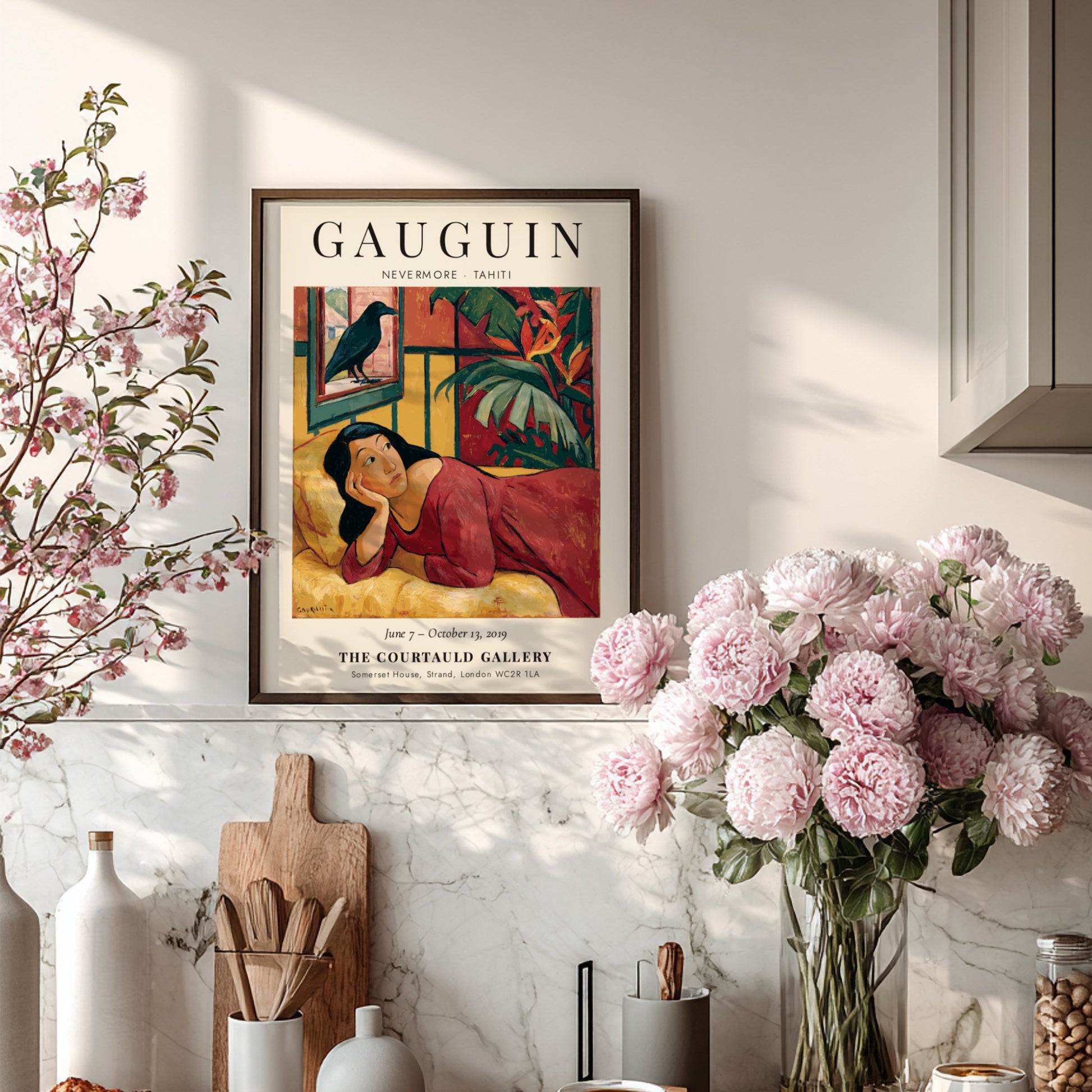 Gauguin Exhibition Poster featuring Nevermore Tahiti with vibrant colors and tropical elements