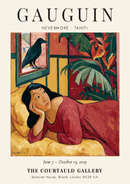 Gauguin Exhibition Poster featuring Nevermore Tahiti with vibrant colors and tropical elements