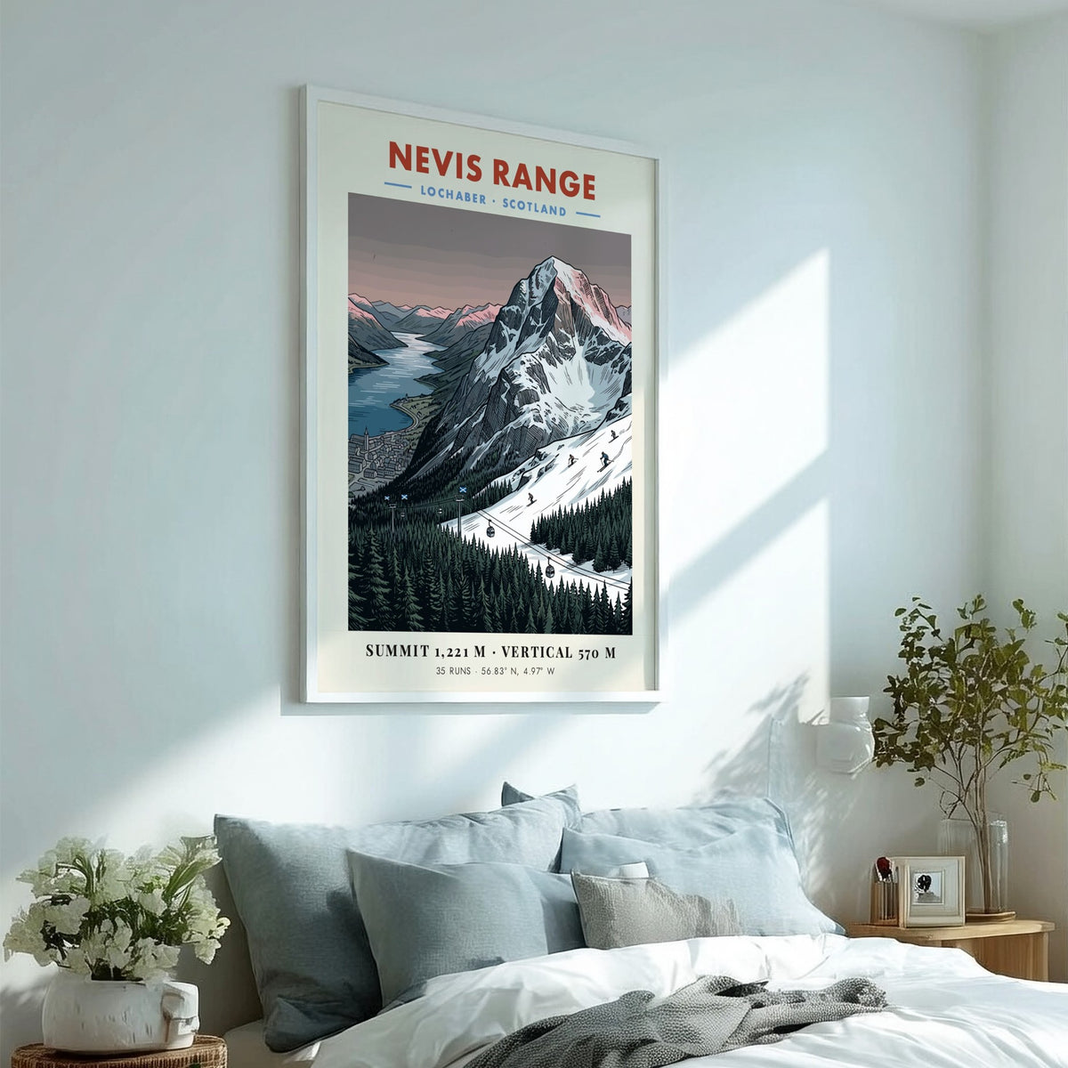 Poster of Nevis Range in Lochaber Scotland with snowy mountains and pine forests.