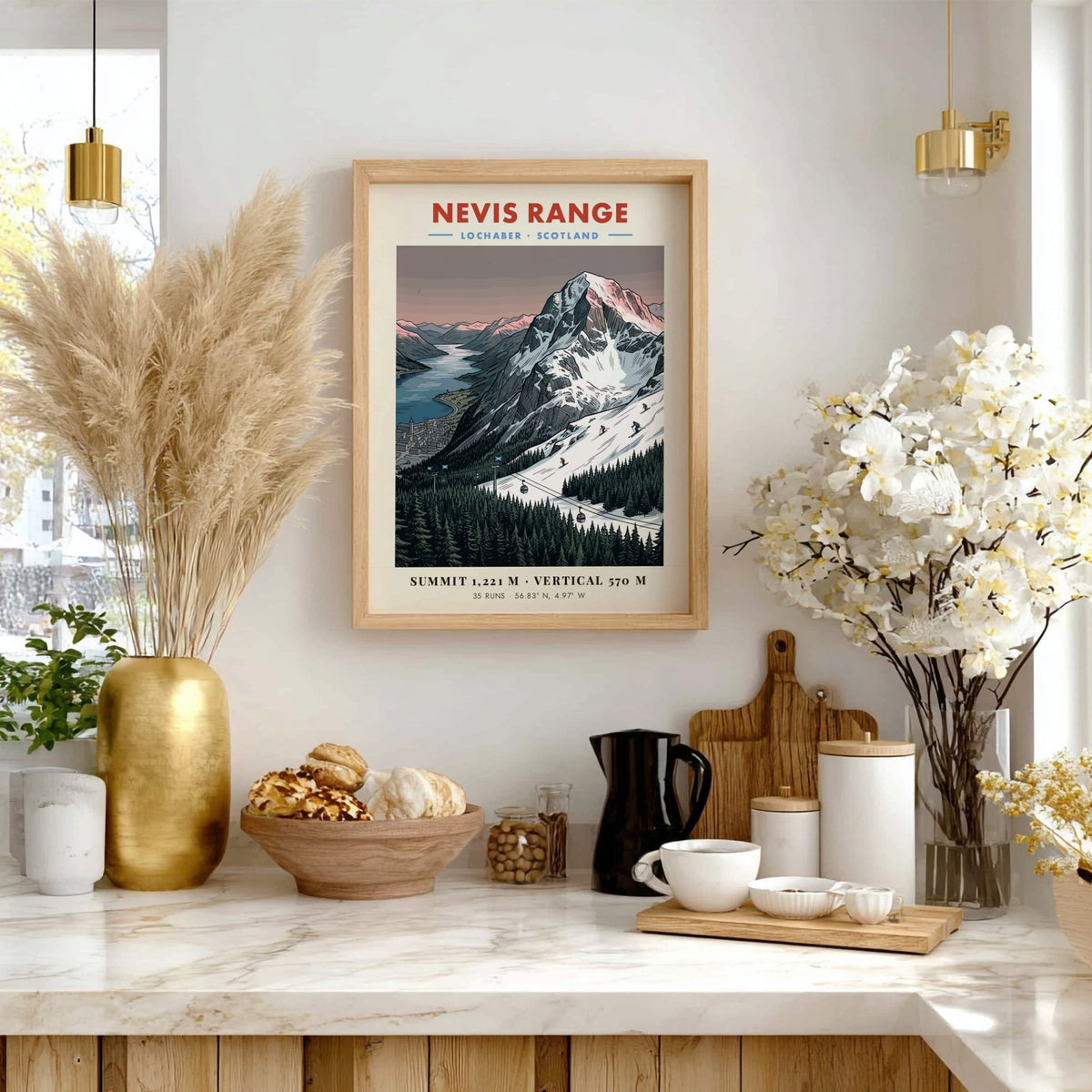 Poster of Nevis Range in Lochaber Scotland with snowy mountains and pine forests.