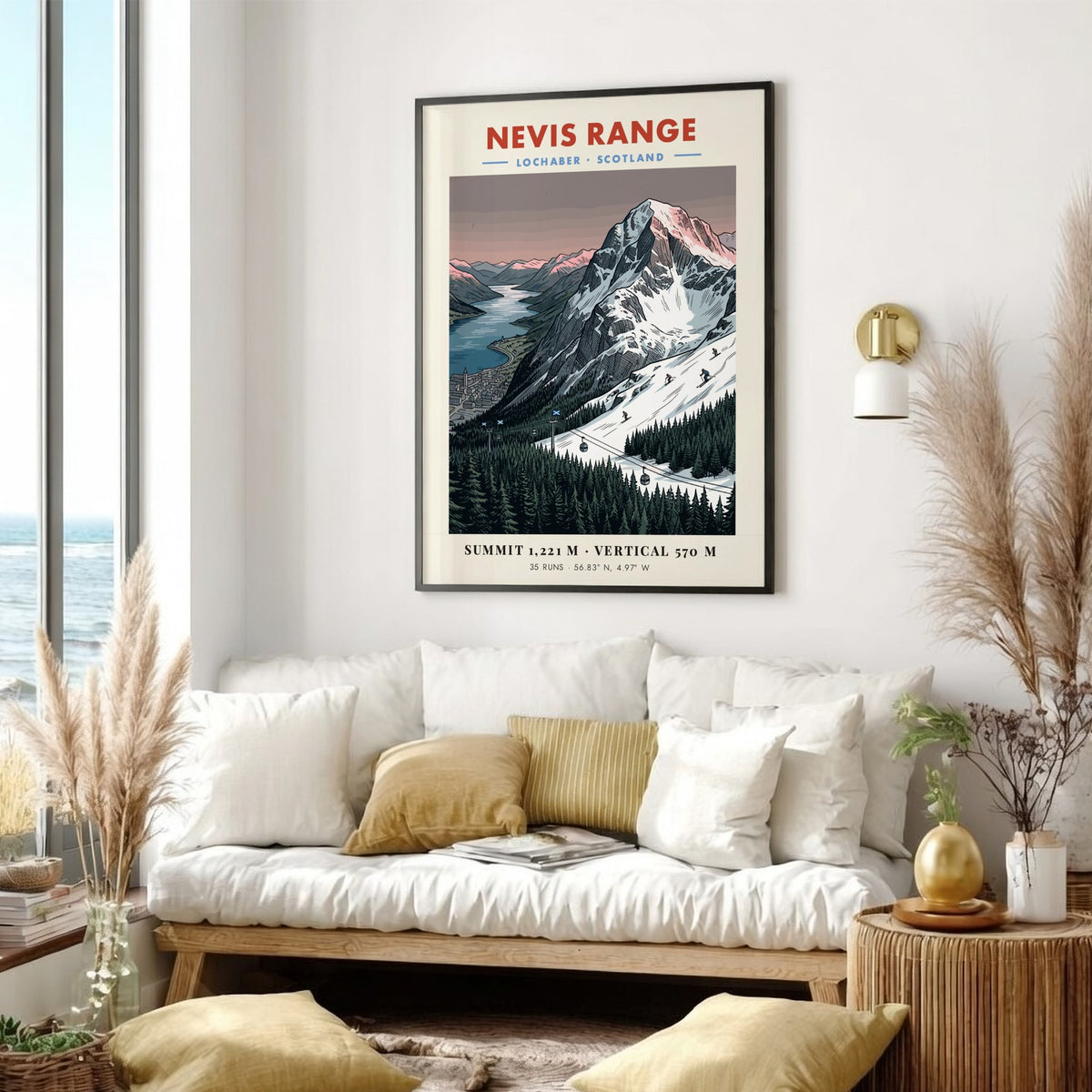 Poster of Nevis Range in Lochaber Scotland with snowy mountains and pine forests.